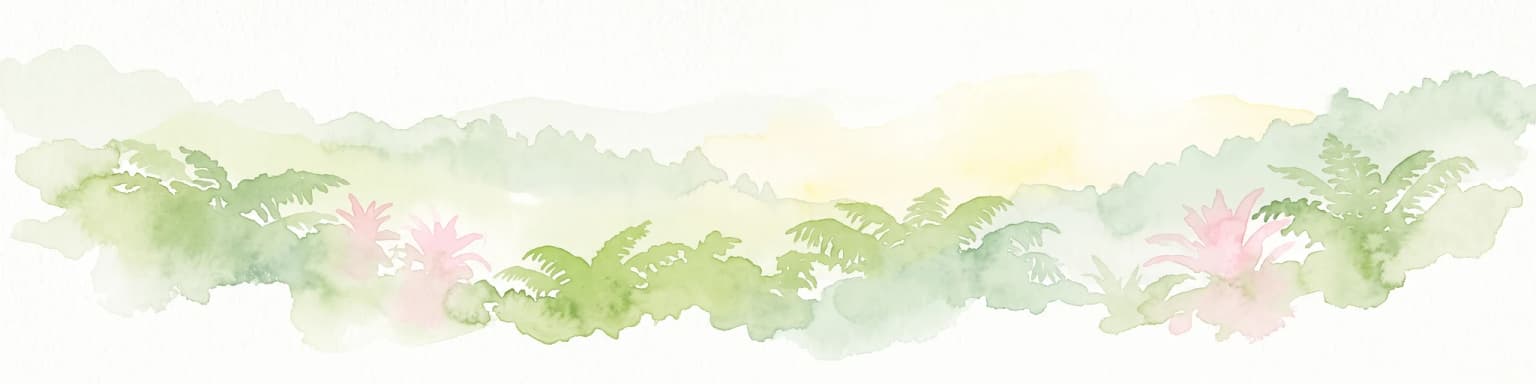 Una ilustración en acuarela que muestra una franja de frondoso follaje tropical verde, helechos y plantas con flores rosadas sobre un fondo suave y claro.