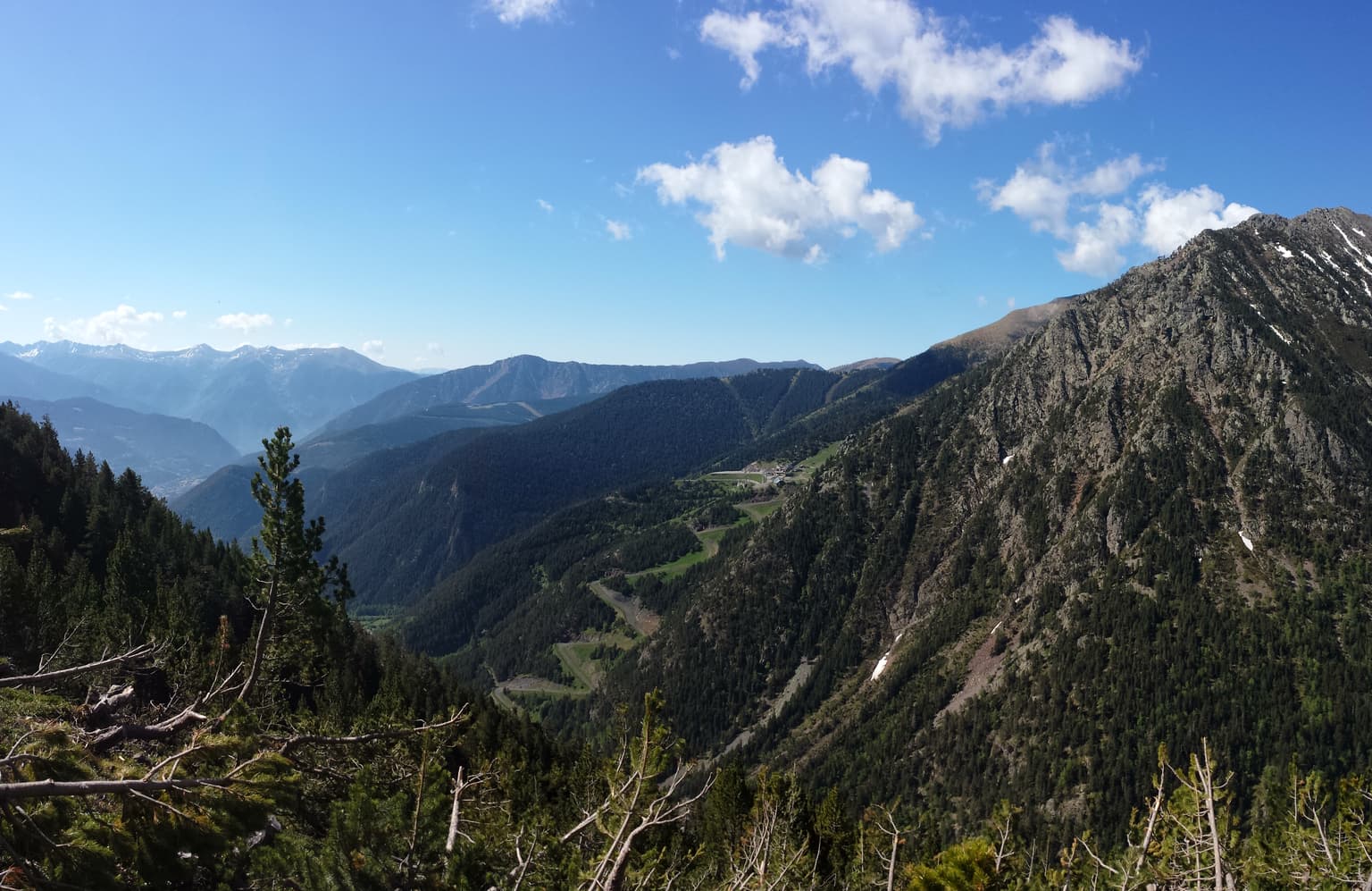 Wide view of mountain valleys with forested slopes under a clear blue sky, featuring distant peaks and scattered clouds