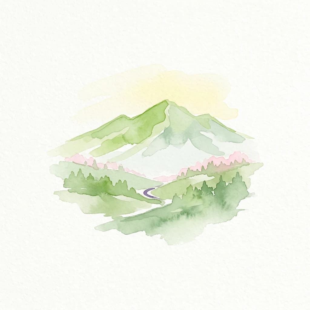 Ilustración en acuarela de montañas verdes con un camino sinuoso, zonas con flores rosas y un cielo amarillo pálido