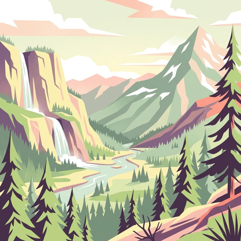 Illustration of a mountain landscape featuring a waterfall, river, pine trees, and snow-capped peaks