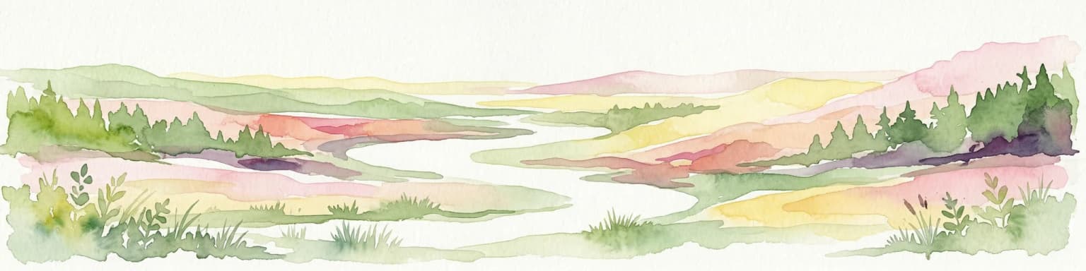 Watercolor painting of a river winding through a valley with green fields, trees, and distant hills