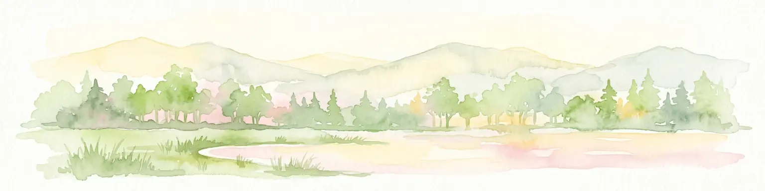 A watercolor painting of a pastoral landscape featuring a grassy foreground with a small pool of water, a line of trees, and soft hills in the background.