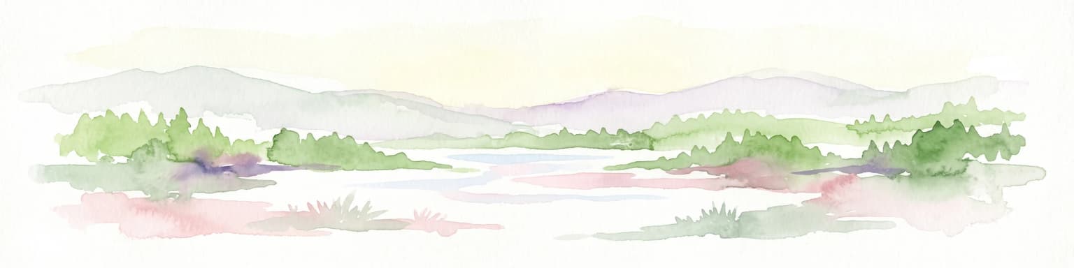 A horizontal watercolor painting showing a soft mountain landscape with green forests and a central light-colored area under a pale sky.