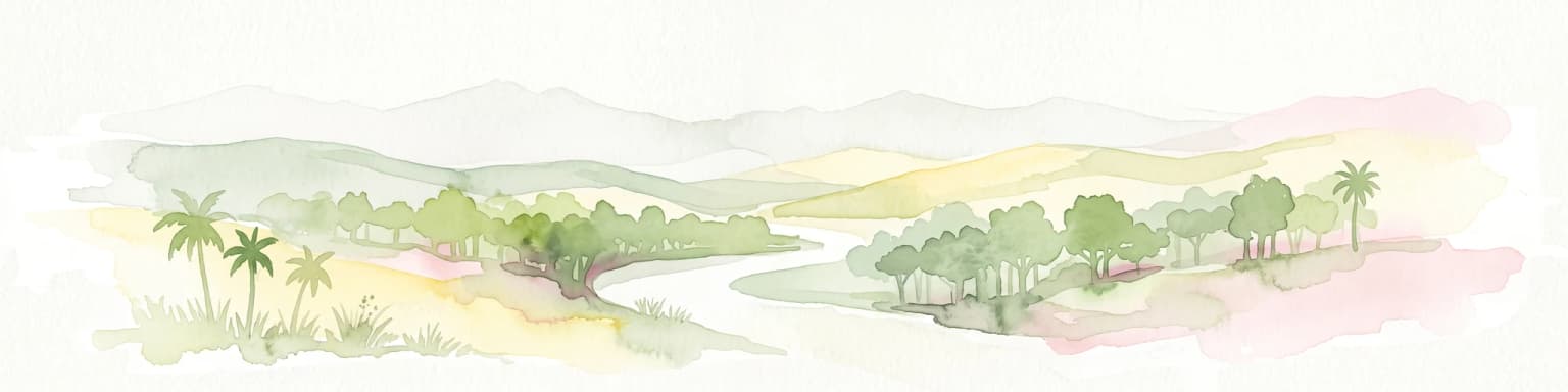 Una suave pintura a la acuarela que muestra un río serpenteante a través de un valle con árboles y palmeras en las orillas y colinas onduladas al fondo.