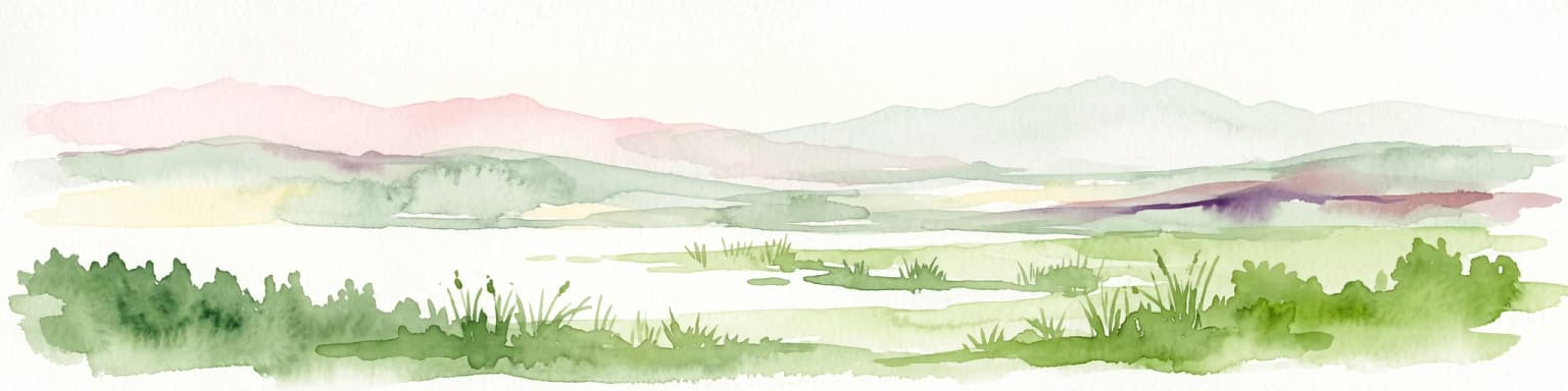 Watercolor painting depicting a flat wetland landscape with green grasses in the foreground and soft purple and green rolling hills in the background under a pale sky.