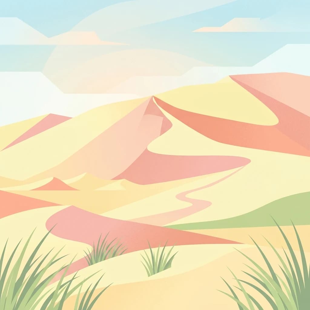 Una ilustración digital estilizada de dunas de arena en tonos amarillos y melocotón bajo un cielo azul suave, con pequeños parches de hierba verde en primer plano.