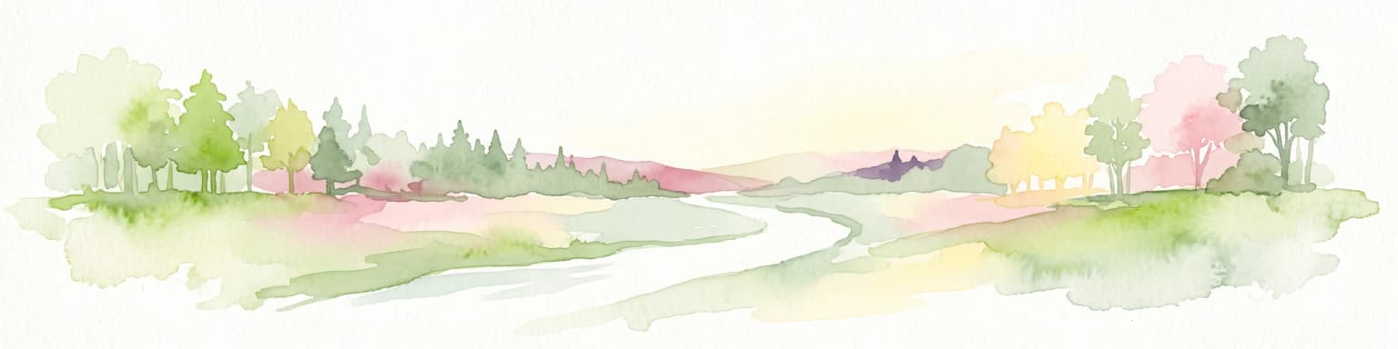 A watercolor painting of a gentle landscape featuring a stream flowing through a grassy meadow bordered by trees with soft pastel colors.