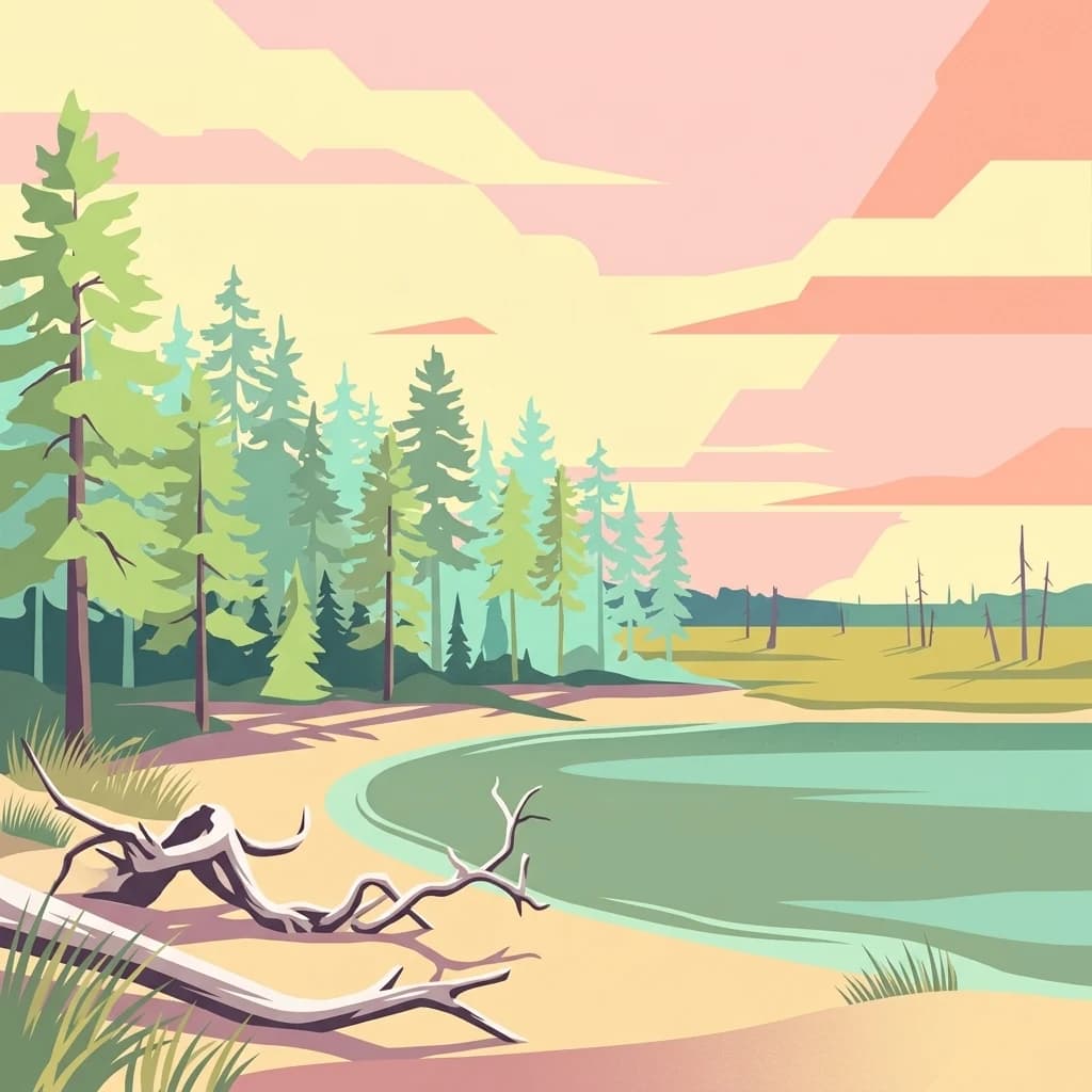 Illustration of forested shoreline featuring a lake, fallen tree, and colorful sky