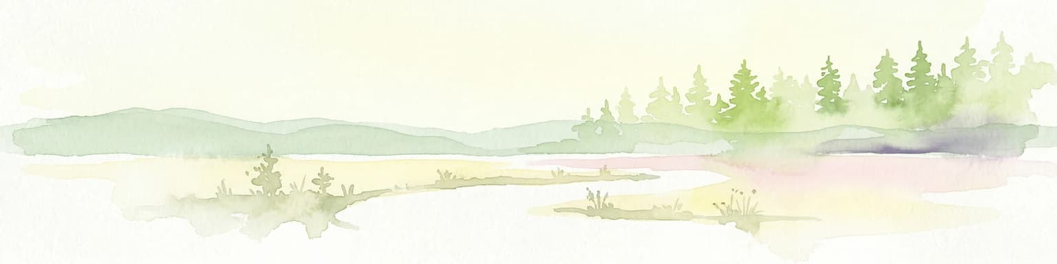 Watercolor illustration of a bog landscape with green trees, a body of water, and rolling hills in the background
