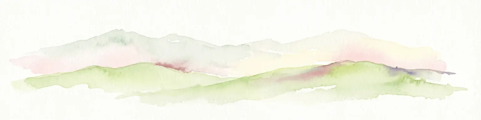 A soft watercolor painting of stylized, rolling green hills against a white background.