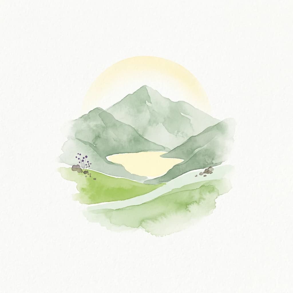 Watercolor illustration of a mountain range with a lake and a sun in the background