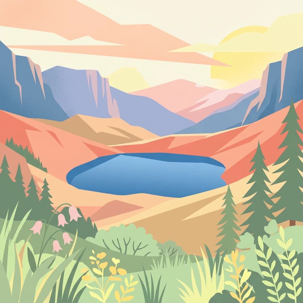 Illustration showing a blue lake nestled among pine trees and mountains with a sunset sky