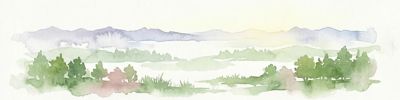 Watercolor painting of a landscape with green trees, rolling hills, and distant mountains under a light sky