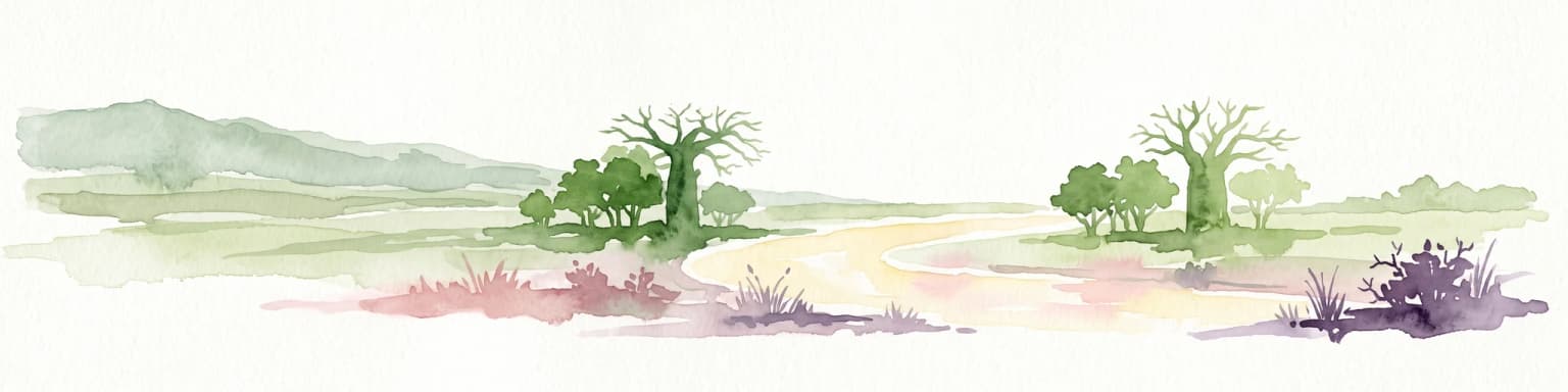 Una pintura en acuarela que muestra un amplio paisaje panorámico con terreno seco y abierto, colinas bajas y onduladas al fondo, y vegetación dispersa, incluidos característicos árboles baobab.