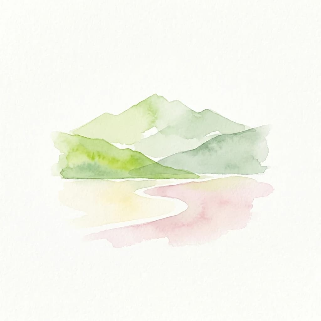 Watercolor illustration of green mountains reflecting in a winding pink and yellow river