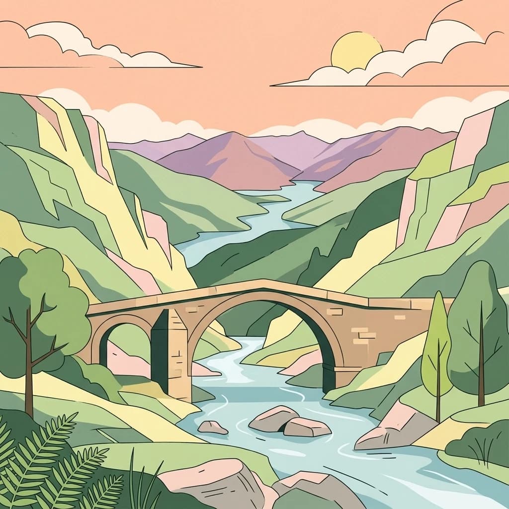 Illustration of a stone bridge spanning a river with mountains and trees in the background