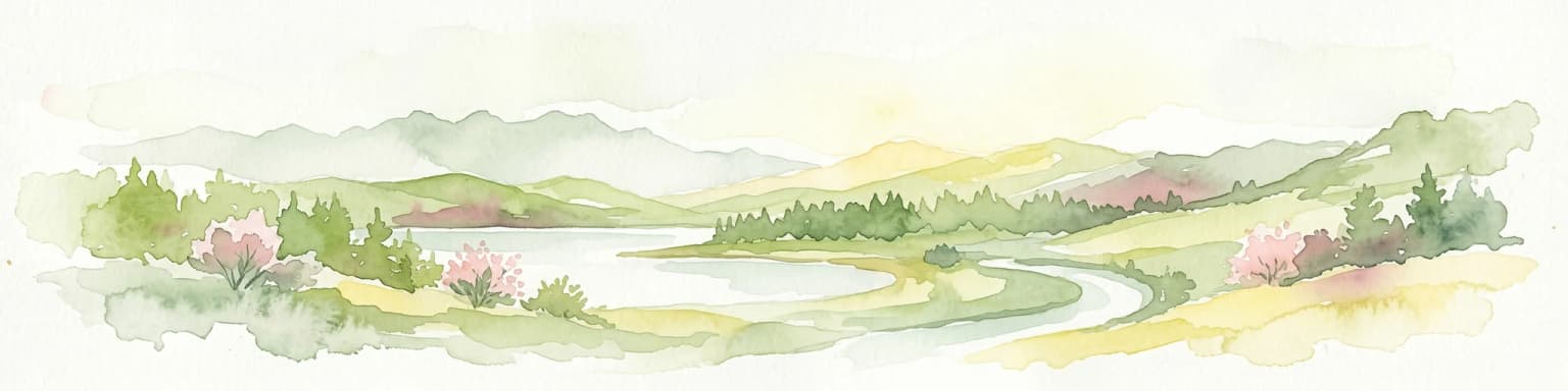 Watercolor illustration of a river winding through a valley with mountains, forests, and pink flowering trees.