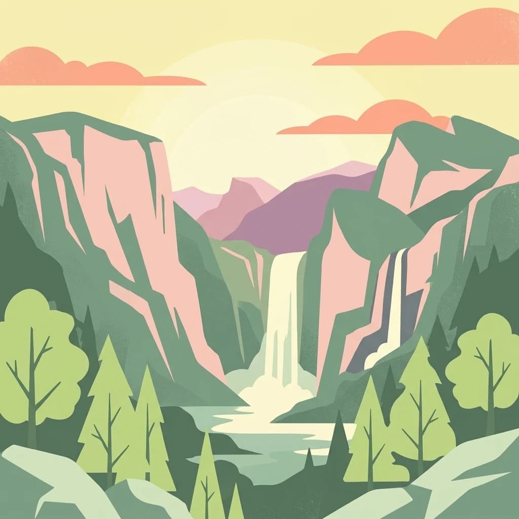 Una imagen de estilo ilustrativo de un espectacular valle de montaña con acantilados, dos cascadas y un primer plano boscoso al atardecer.