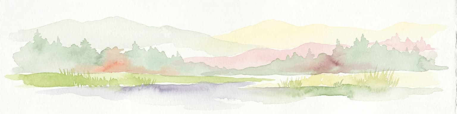 Watercolor illustration of a river flowing through a wetland area with grassy banks, trees, and distant hills