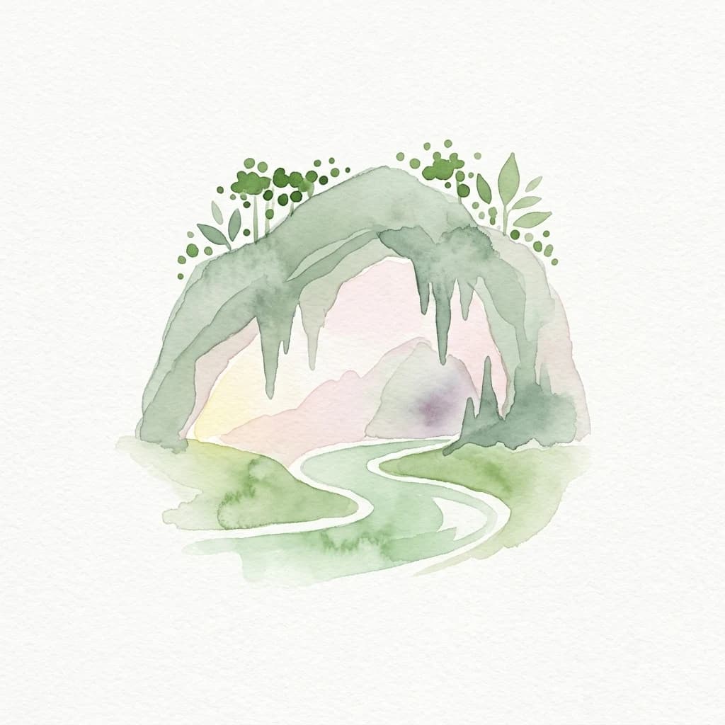 Ilustración en acuarela que muestra la entrada de una cueva con un río sinuoso y vegetación