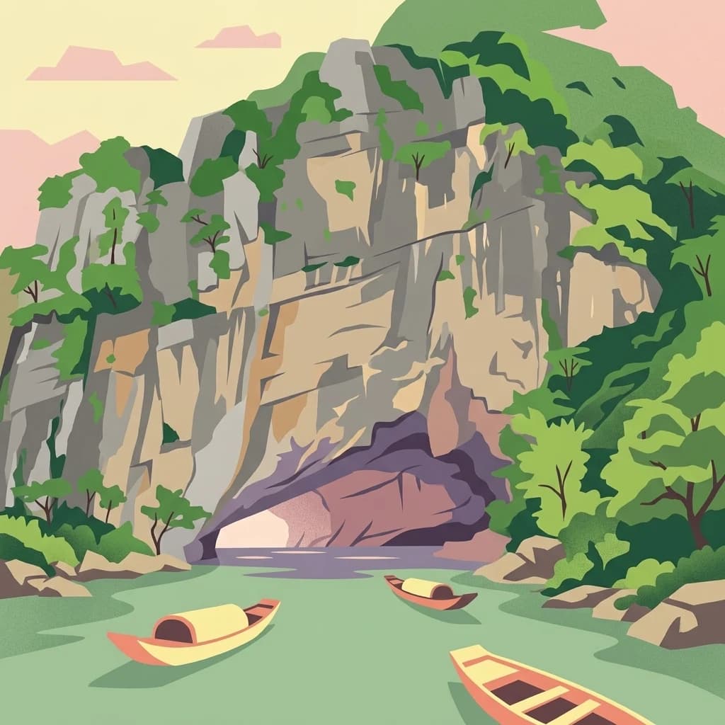Illustration of boats on a river approaching a cave entrance with rocky cliffs and green vegetation