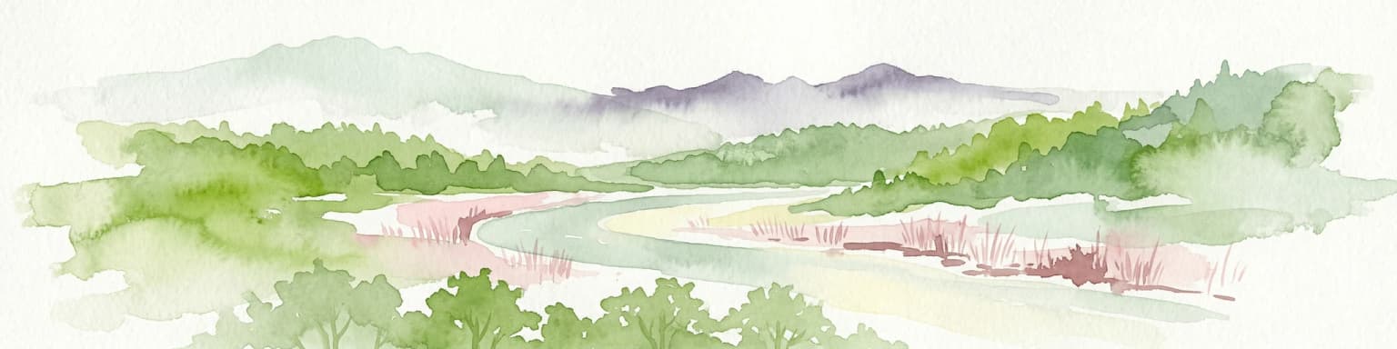 Watercolor illustration of a river flowing through a valley with green forests and distant mountains