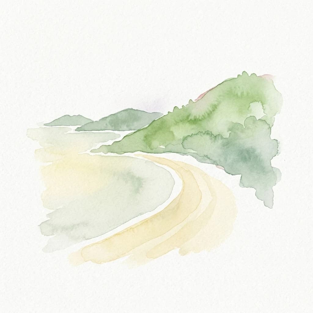 Watercolor illustration of a sandy beach with curved shoreline, green hills, and vegetation