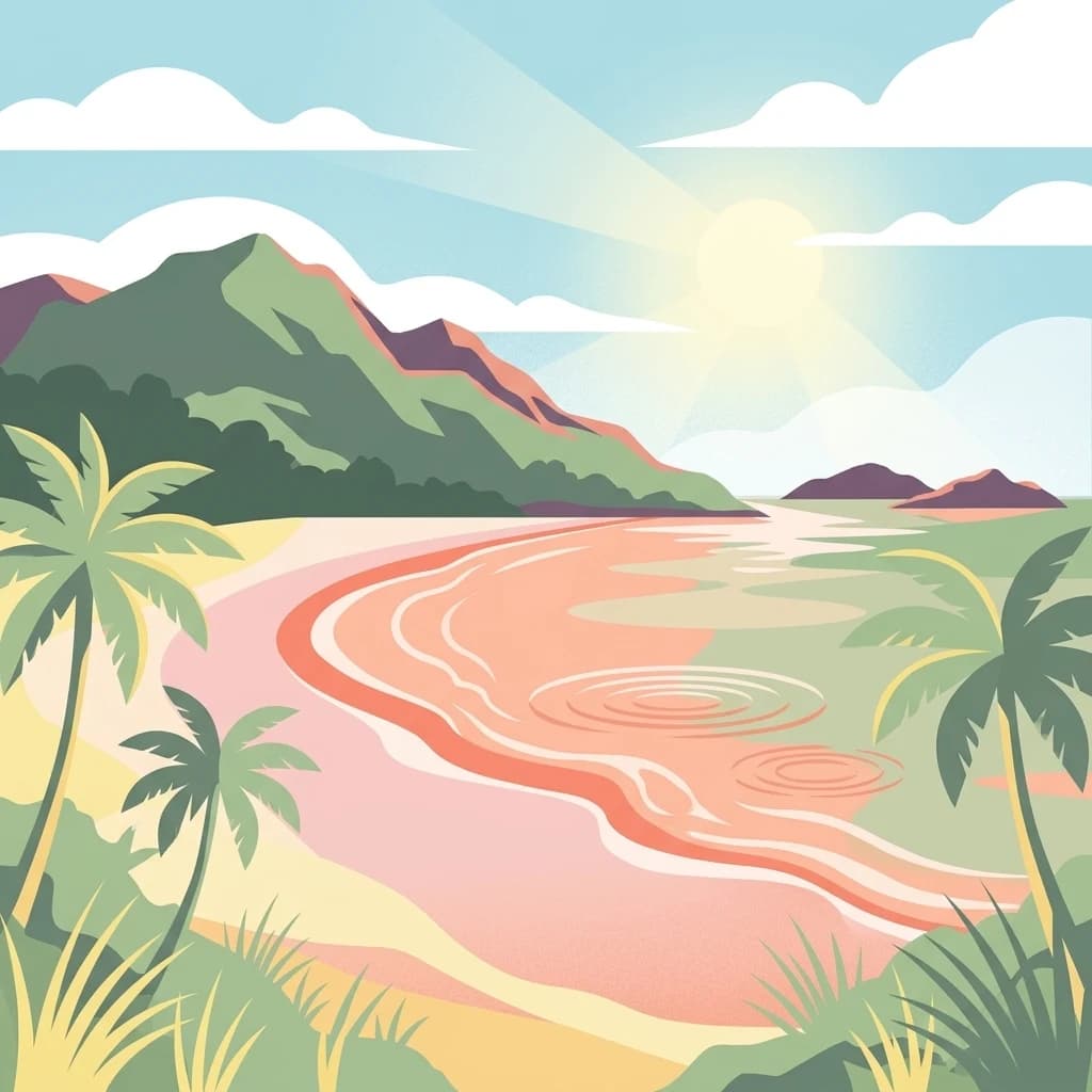 Escena de playa ilustrada con palmeras, montañas y aguas oceánicas con ondas