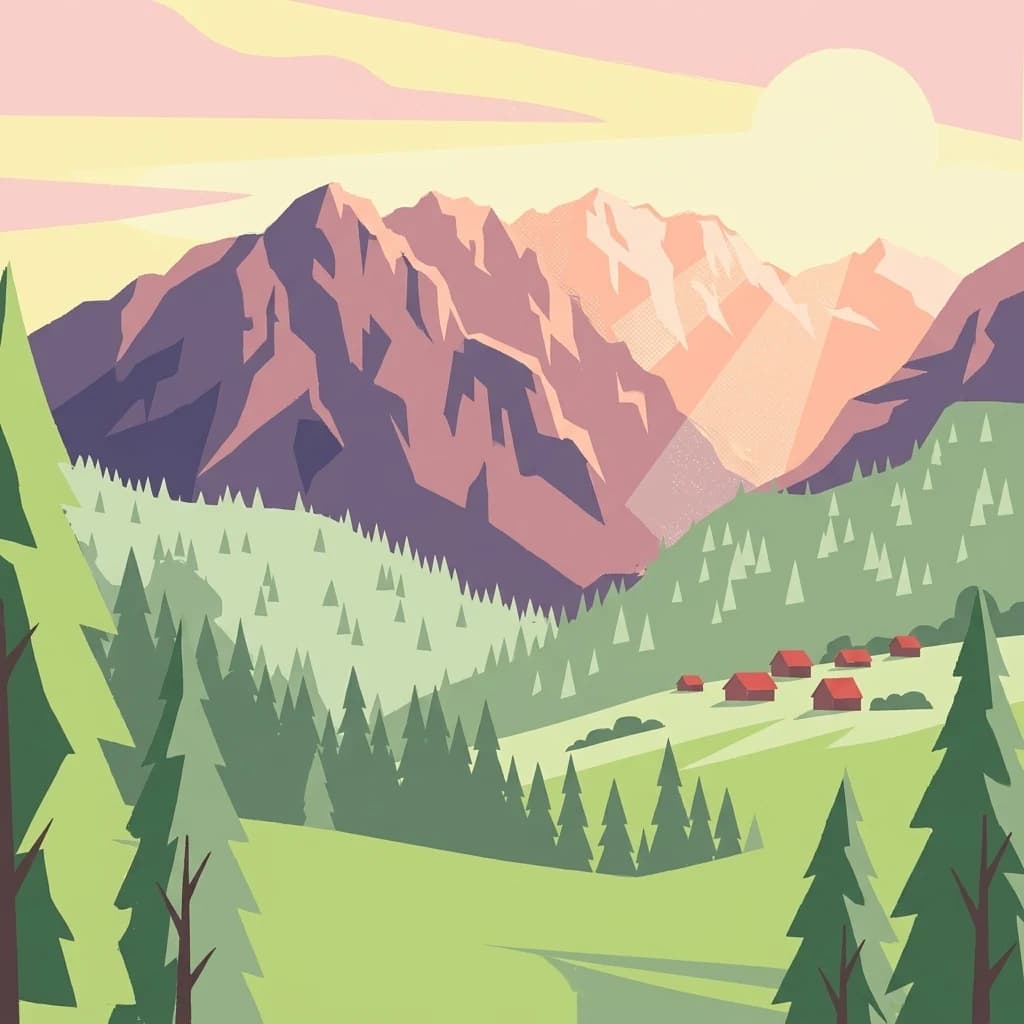 Illustrated mountain range with rocky peaks, green forested slopes, and red-roofed buildings under a pink and yellow sky