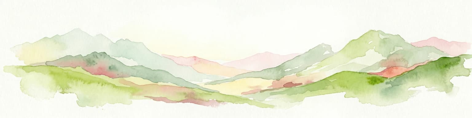 Watercolor illustration of mountain ranges with green and pastel-colored peaks