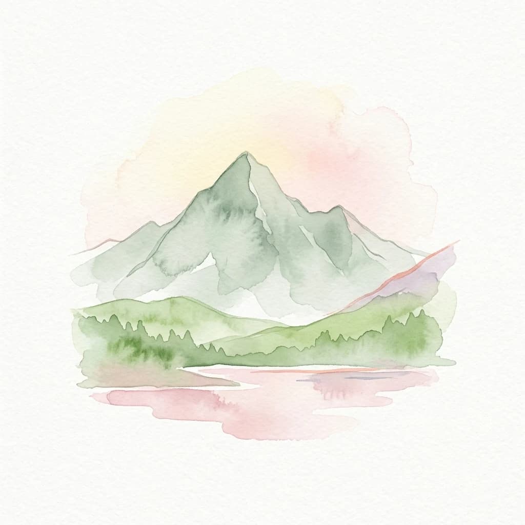 Ilustración en acuarela de montañas y un lago con tonos verdes y rosas