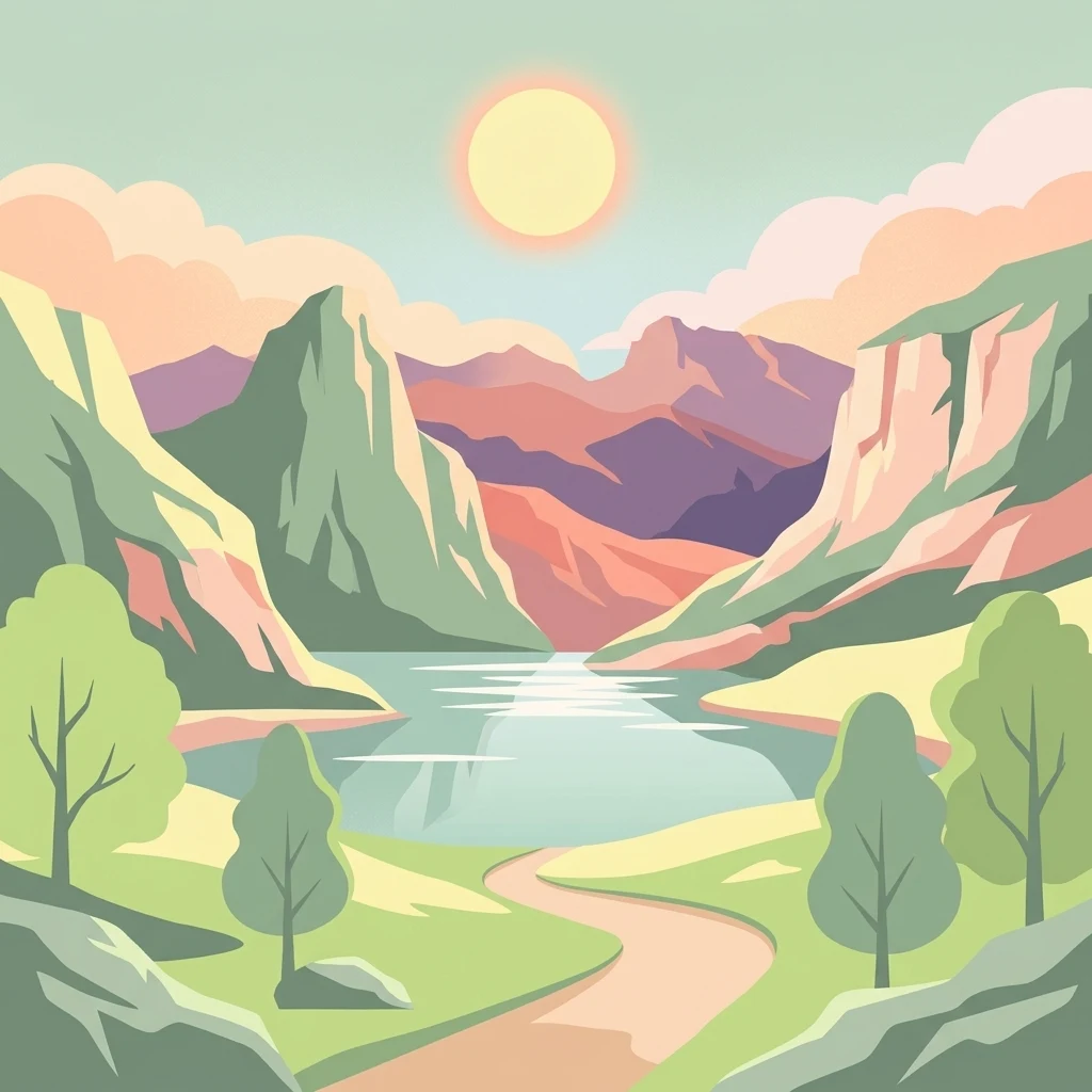 Illustration of a mountain valley with a lake, winding path, trees, and sun in the sky