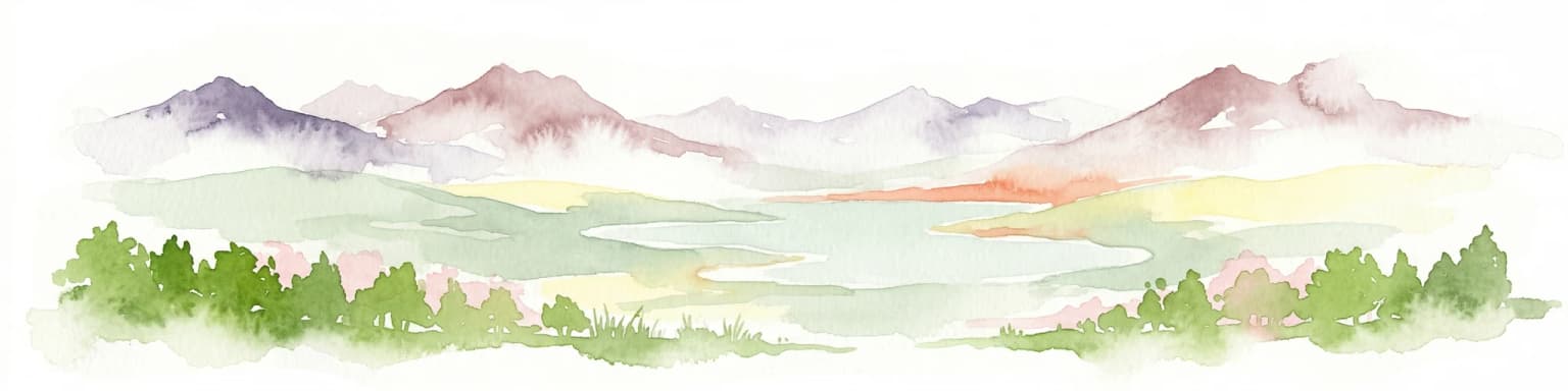 Watercolor illustration of a mountain landscape with green forests and a body of water.