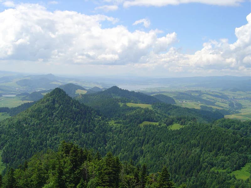 Panoramic landscape view showing rolling green mountains, dense forests, and a valley under a partly cloudy sky