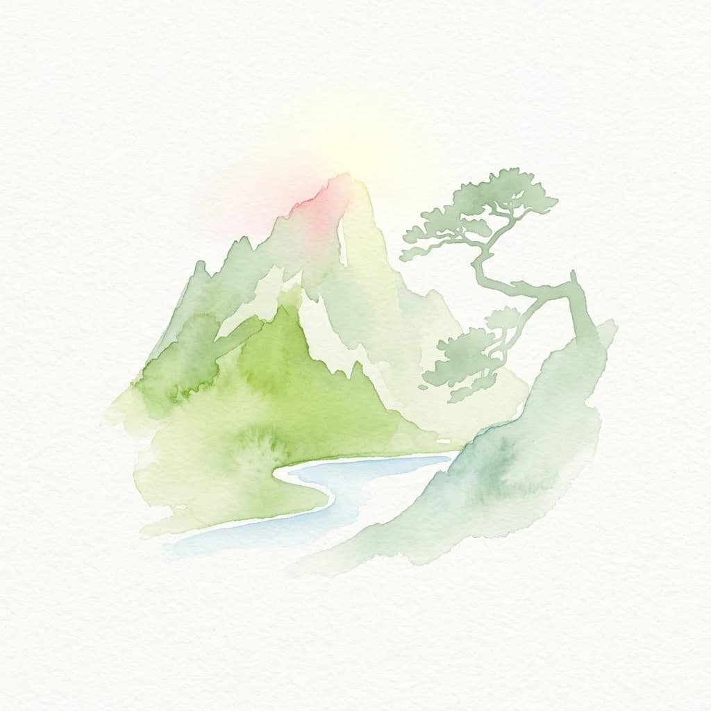 Watercolor painting of green mountains, a winding river, and a gnarled tree against a soft pink and yellow sky