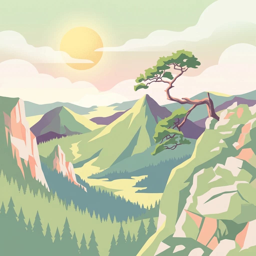 Stylized illustration of green mountains, a river gorge, rocky cliffs with a lone tree, and a sunlit sky with clouds