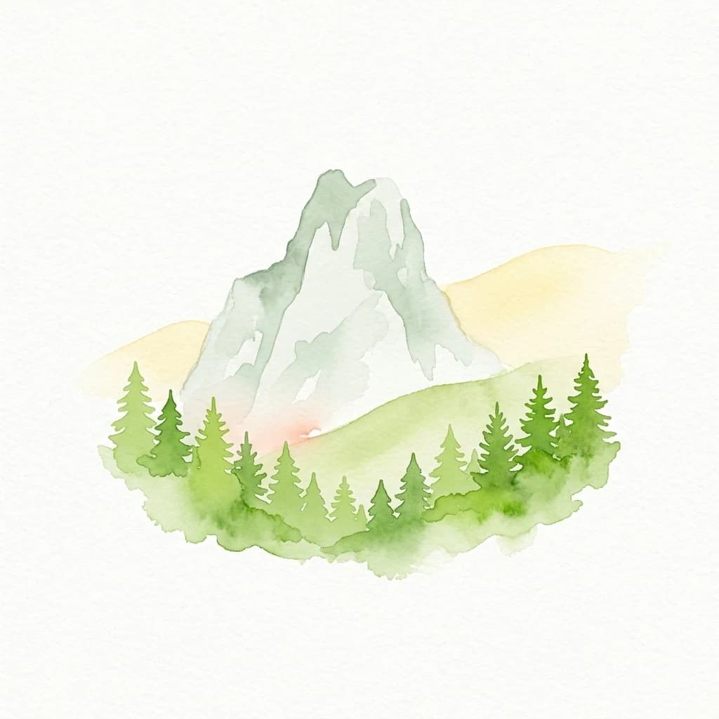 Watercolor illustration showing a mountain peak with green trees in the foreground and yellow sky in the background