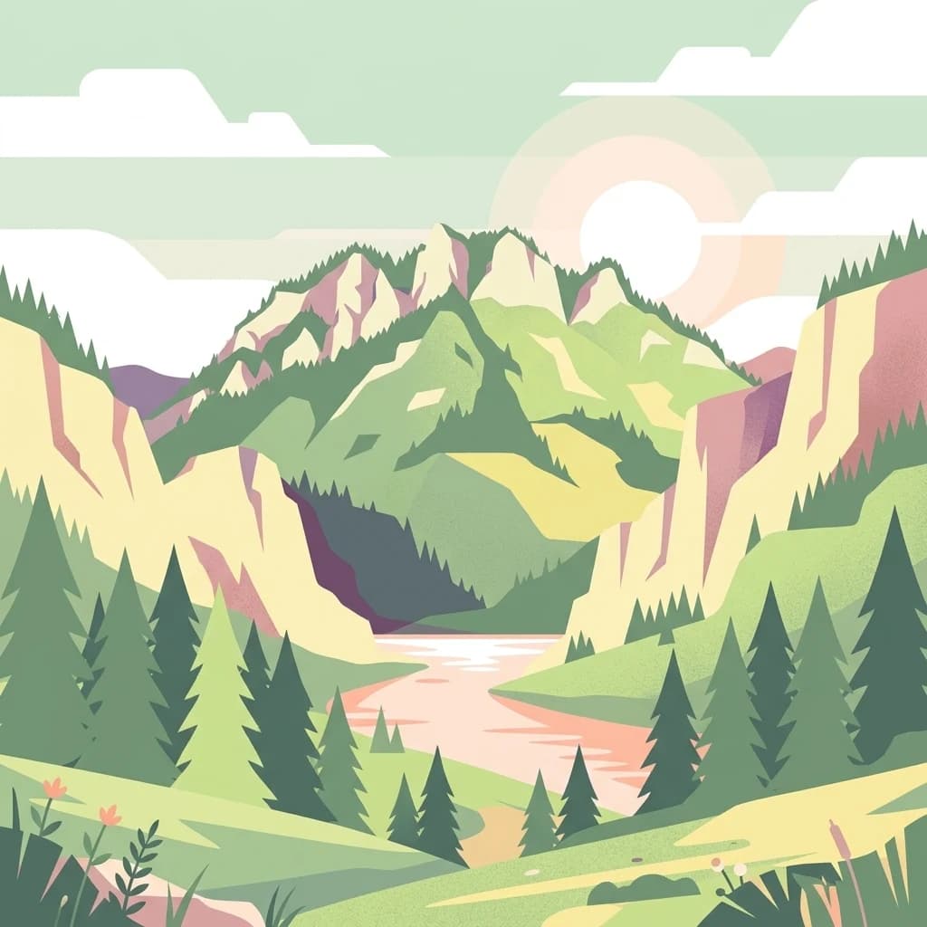Ilustración estilizada de un valle montañoso con laderas boscosas, un río que fluye por el valle y acantilados con montañas verdes bajo un cielo parcialmente nublado.