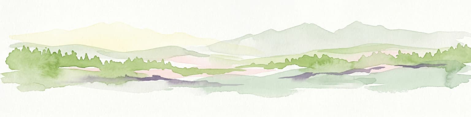 Watercolor illustration of a mountainous landscape with green forests and a river