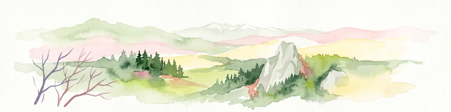 A horizontal watercolor painting showing stylized Pieniny mountain ridges, coniferous forests, and a prominent limestone rock formation against a soft pastel landscape.