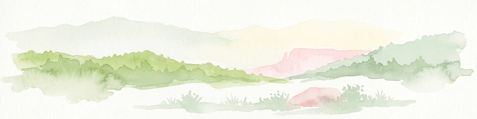 A soft watercolor illustration depicting a simplified, layered landscape of rolling hills and distant mountains in shades of light green, pale yellow, and soft pink.