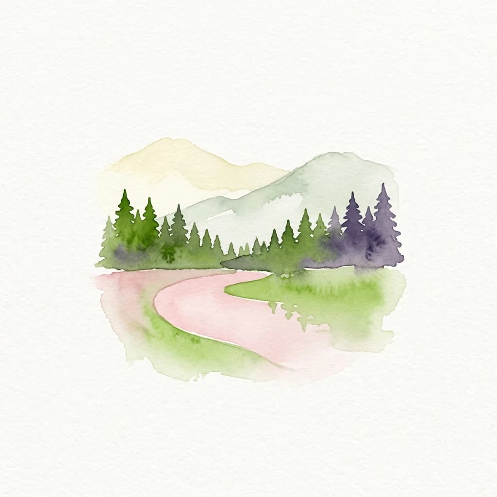 Watercolor painting showing a winding pink path through a green forest with mountains in the background