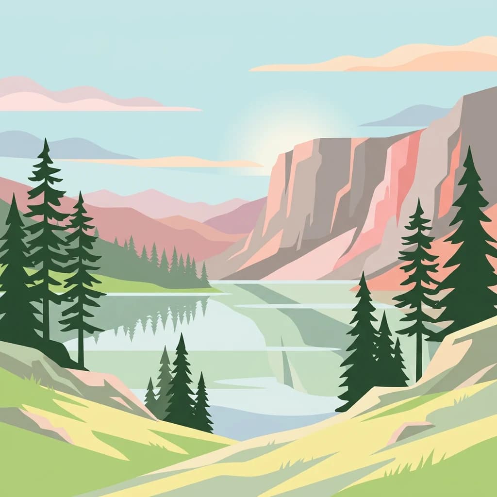 Illustration of a mountainous landscape featuring a lake, pine trees, and cliffs under a light blue sky.