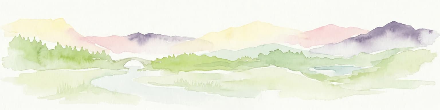Watercolor illustration of a mountainous landscape with a river, forests, and distant hills