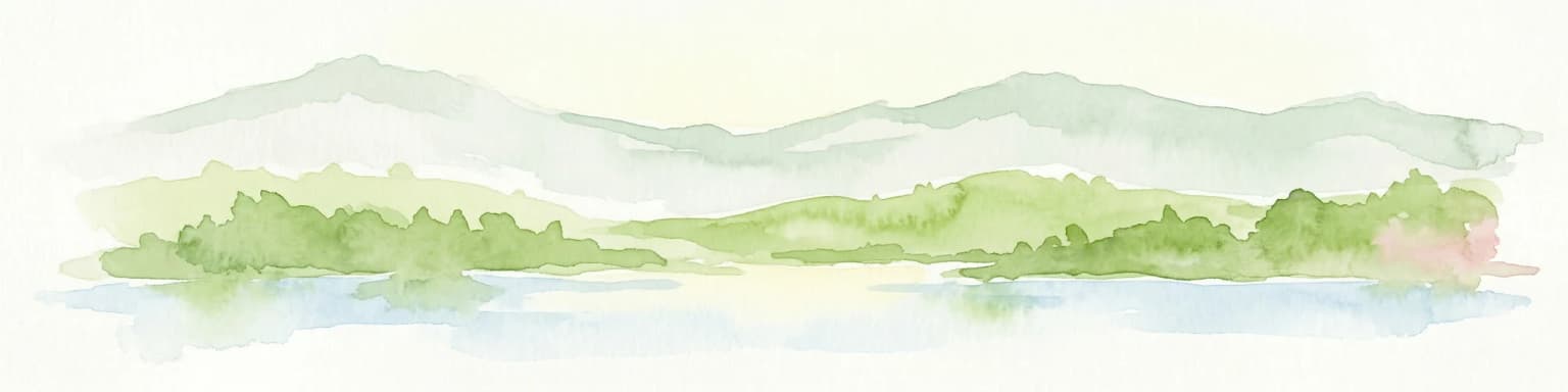 Watercolor illustration of green mountains and a lake with trees