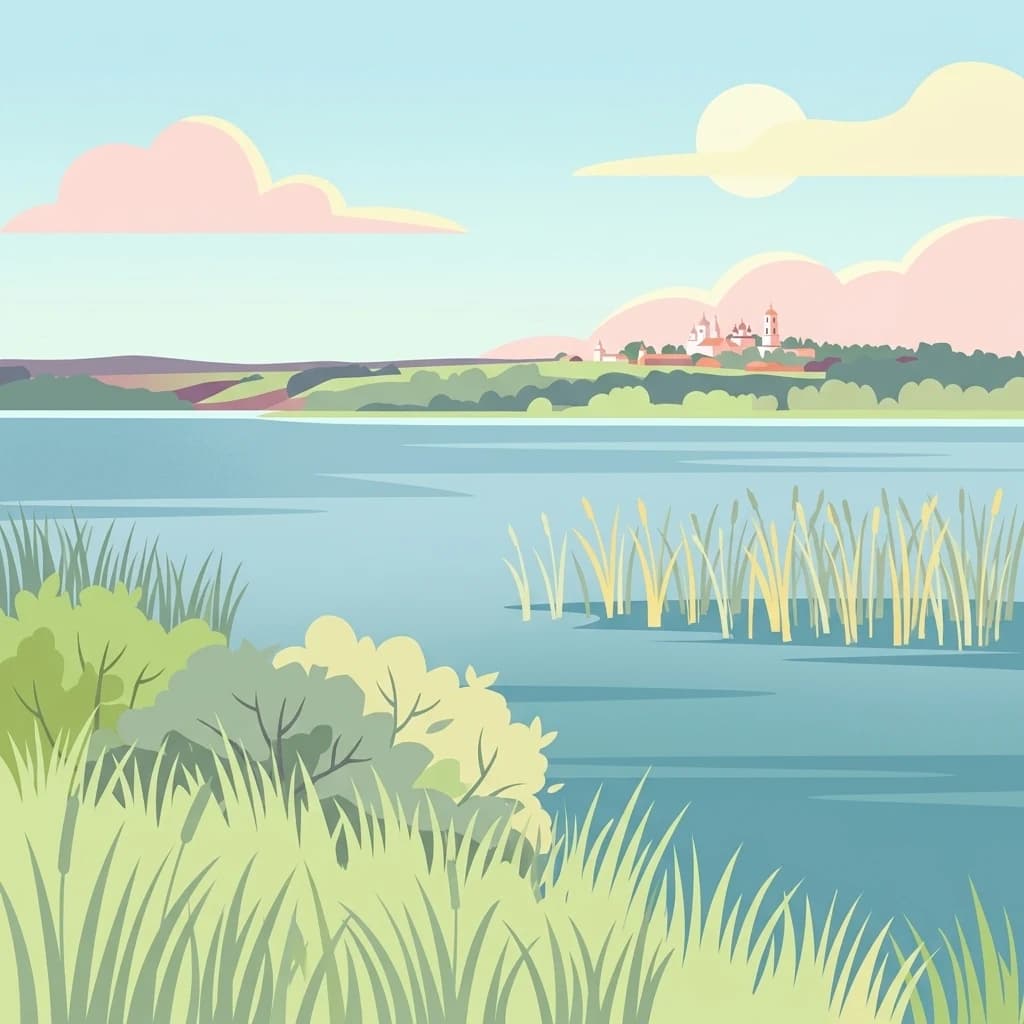 Illustration of a lake with tall reeds in the foreground, green vegetation, and distant buildings under a sky with pink clouds