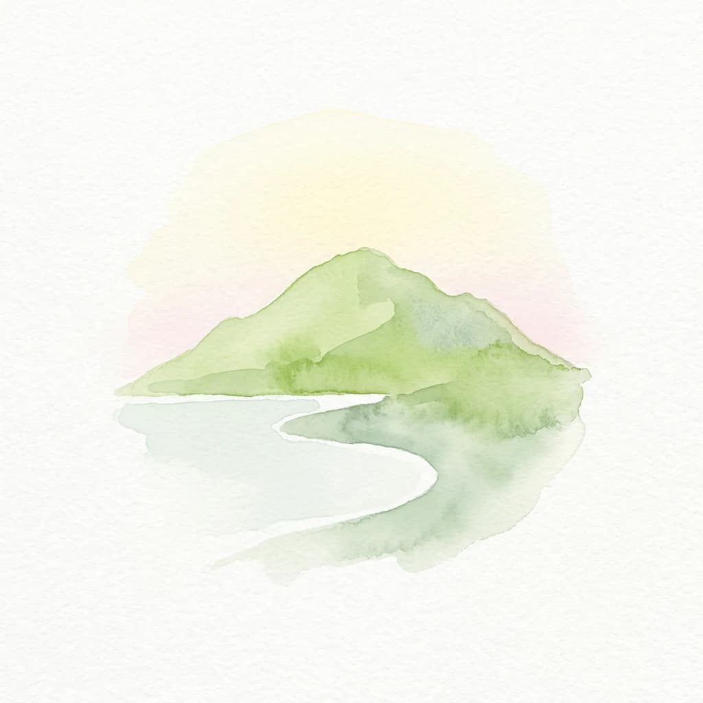 Watercolor painting of a green mountain with a winding river and a soft pink-yellow sky