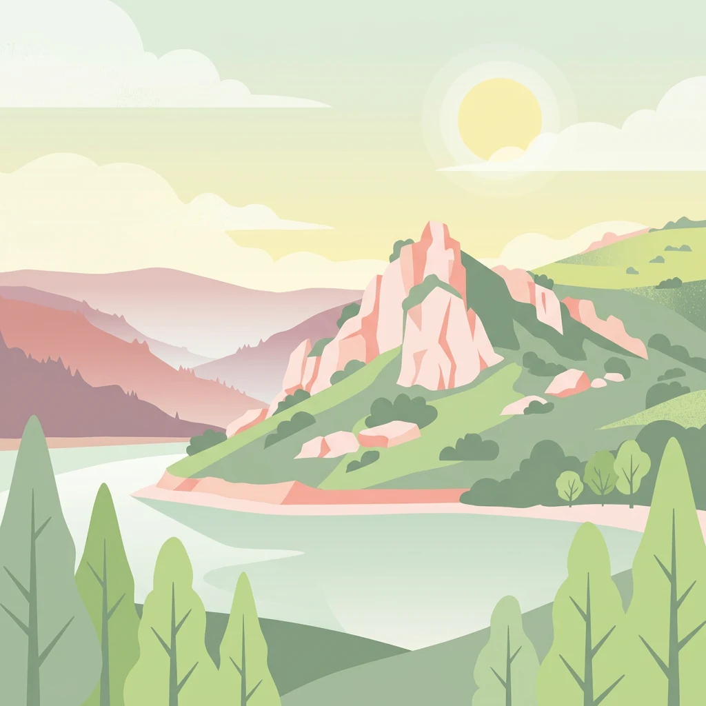 Stylized illustration of rocky pinkish hills, a calm lake, green trees, and a sun in the sky