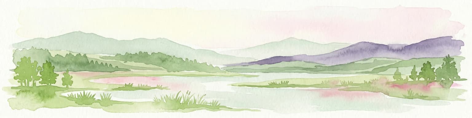 Watercolor painting of a river, hills, and trees in a natural landscape.