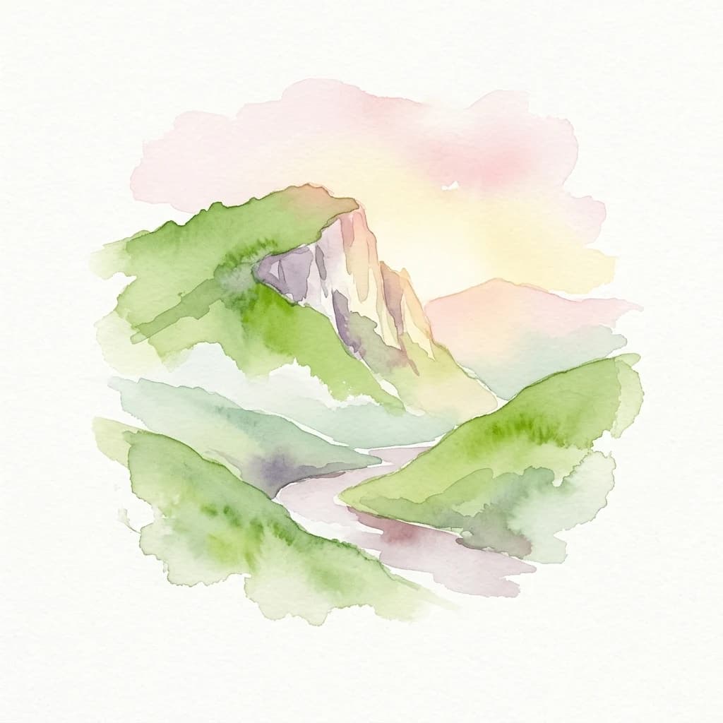 Watercolor painting of green hills, a winding river, and a rocky cliff under a pink and yellow sky